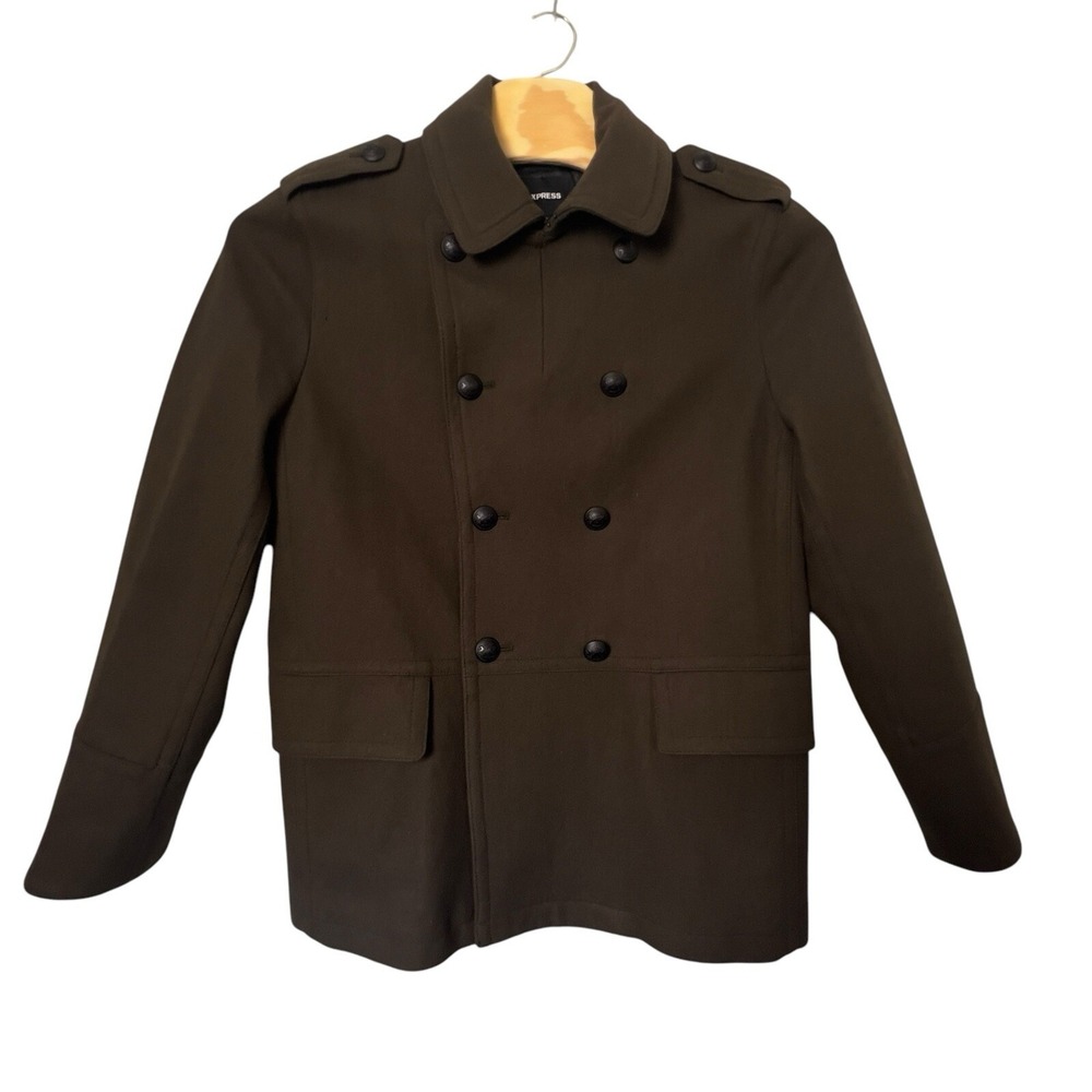EXPRESS Military Style Pea Coat Wool Blend‎ Size L Deep Olive Double Breasted